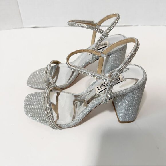 Badgley Mischka Firey Bejeweled Silver Rhinestone Block Heel Sandal Size 5 NWOT - Picture 5 of 8